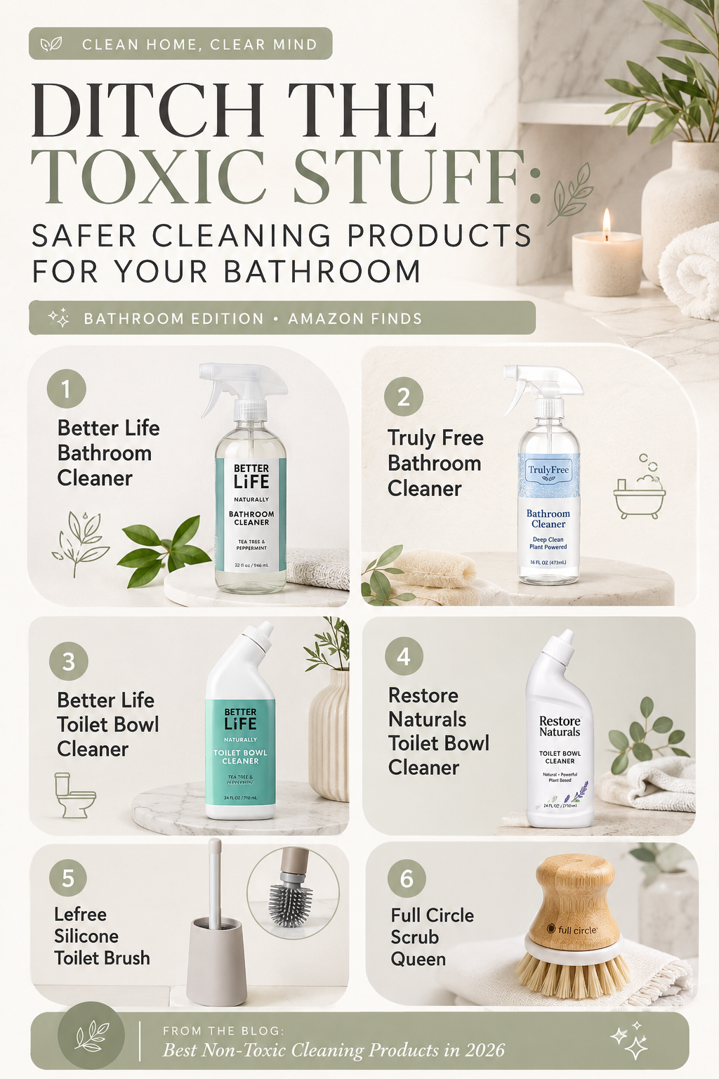 Bathroom edition graphic featuring six safer cleaning products and accessories